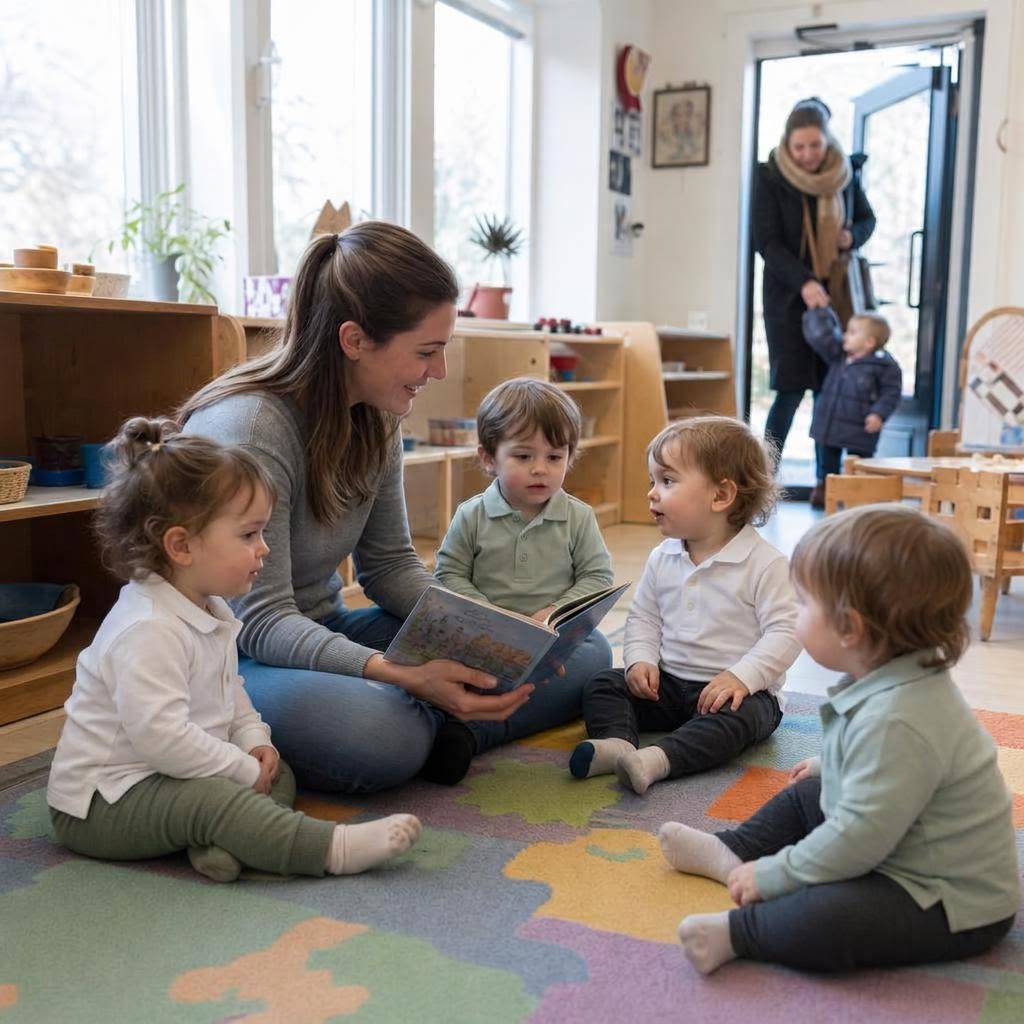 Maestra lee un cuento a niñas y niños sentados en círculo sobre una alfombra.