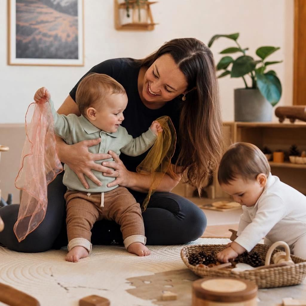 Maestra jugando con bebés en estimulación temprana