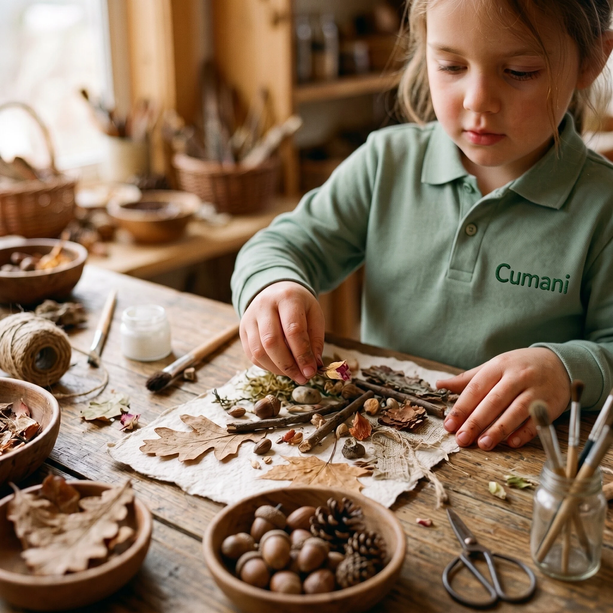 Una niña explora materiales naturales sobre una mesa en el aula de Cumani.