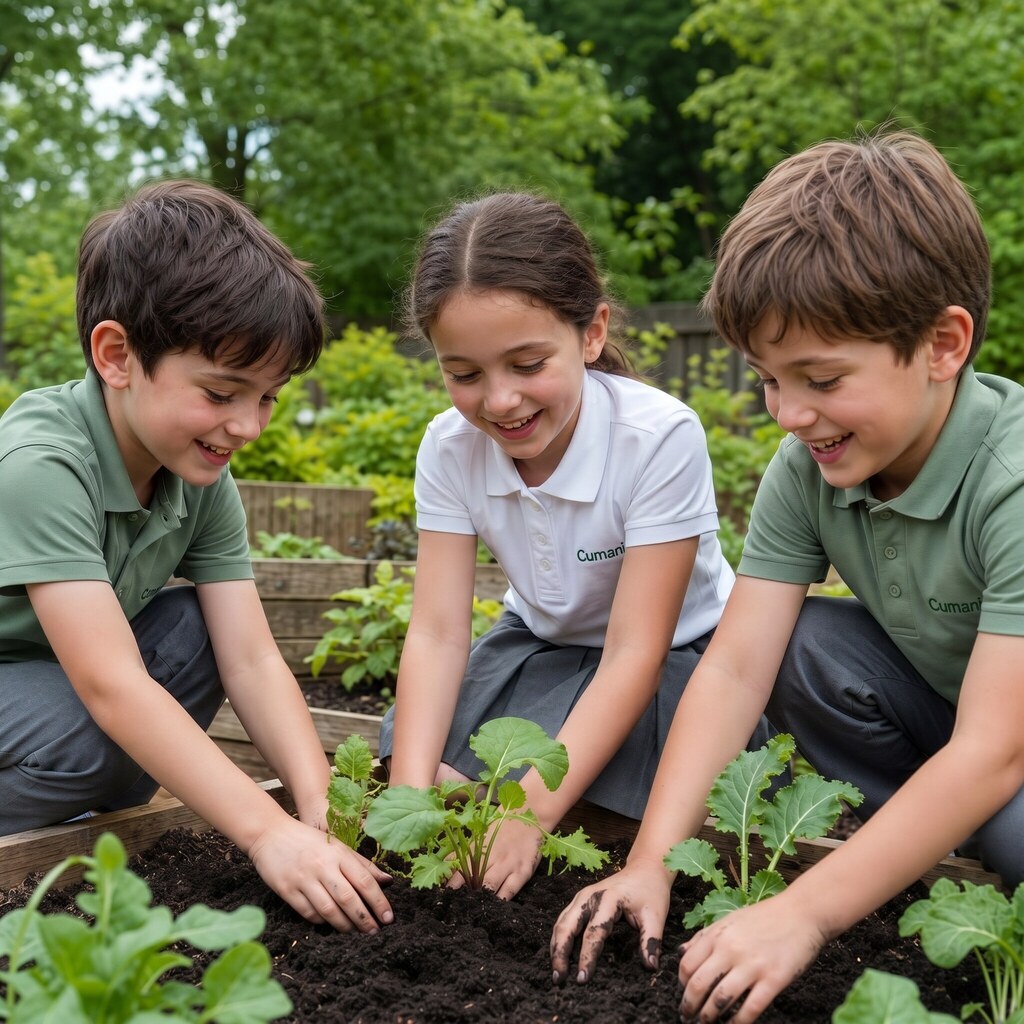 Tres estudiantes plantan y cuidan brotes en el huerto escolar.