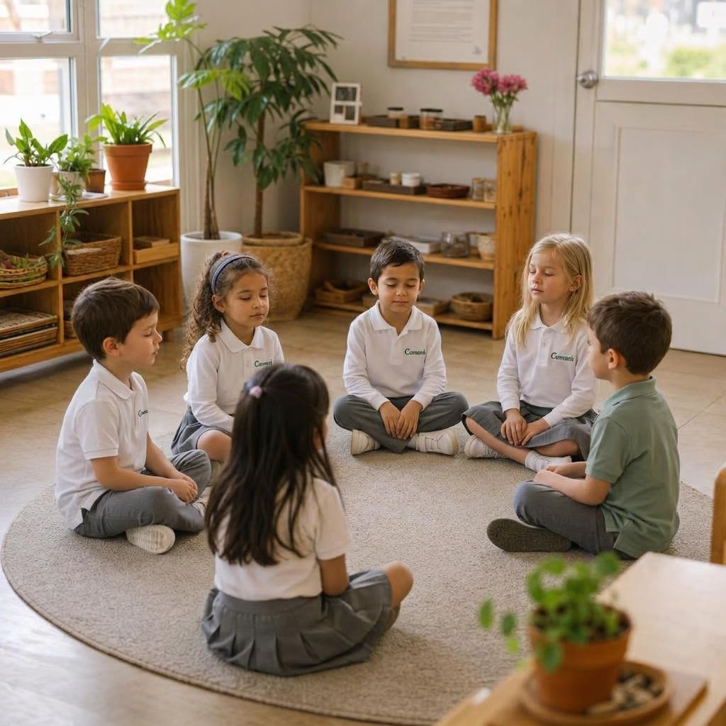 Niñas y niños sentados en círculo durante una actividad de mindfulness en el aula.