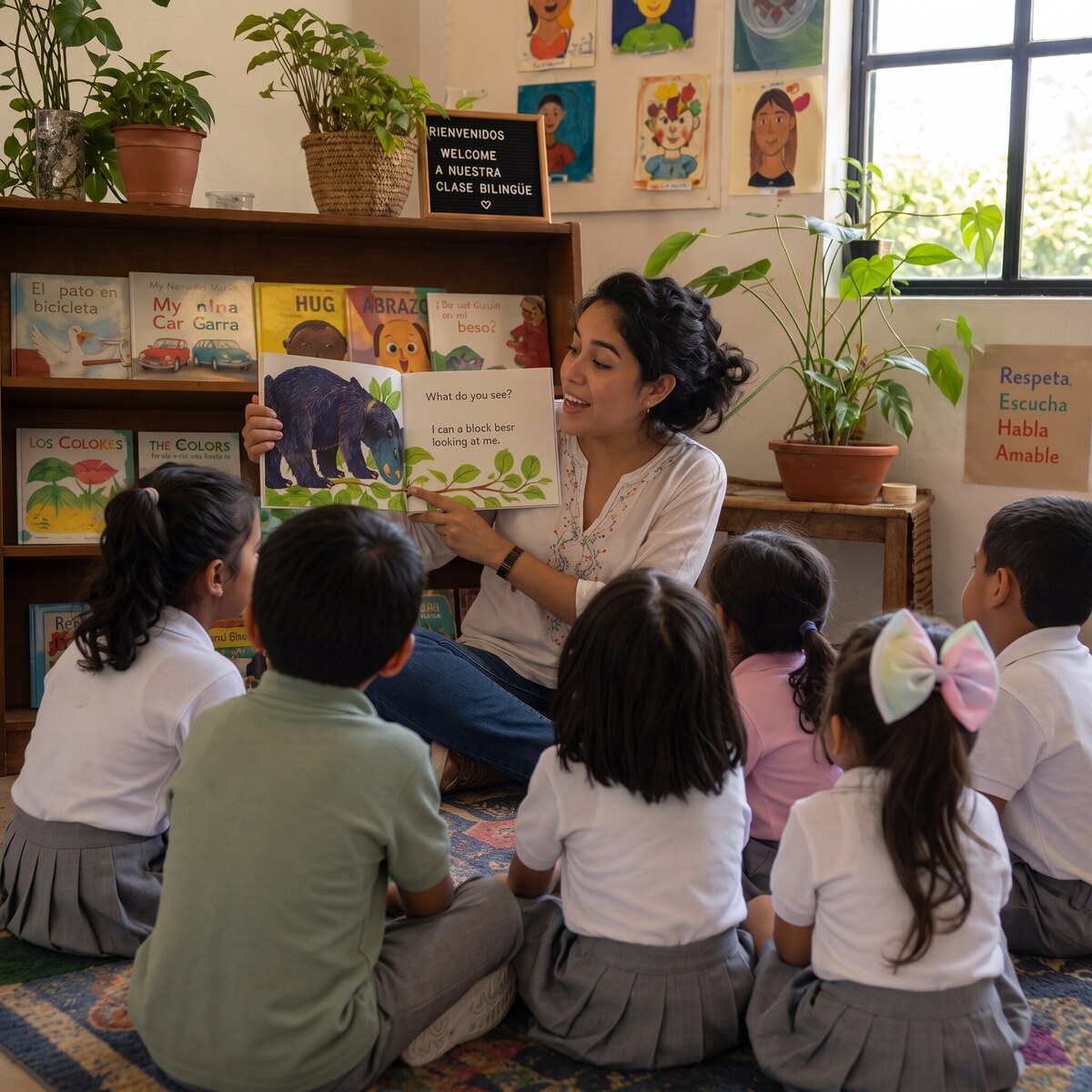 Una maestra lee en inglés a un grupo de niñas y niños en el aula.