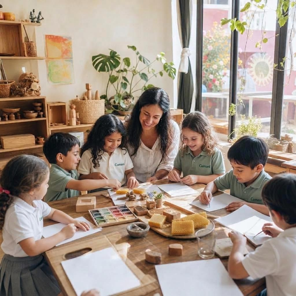 Una maestra acompaña a niñas y niños mientras pintan y crean alrededor de una mesa en el aula.